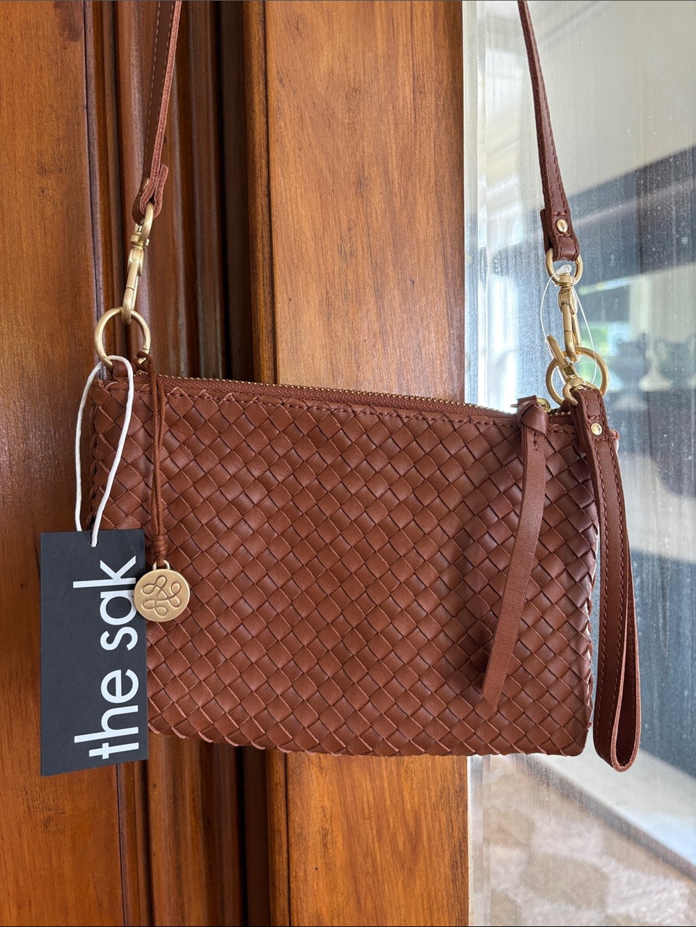 The Sak Brown Woven Leather Crossbody Wristlet NWT